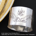 Antique French Sterling Silver 2" Napkin Ring, Floral & Foliate Band with "HC" Monogram