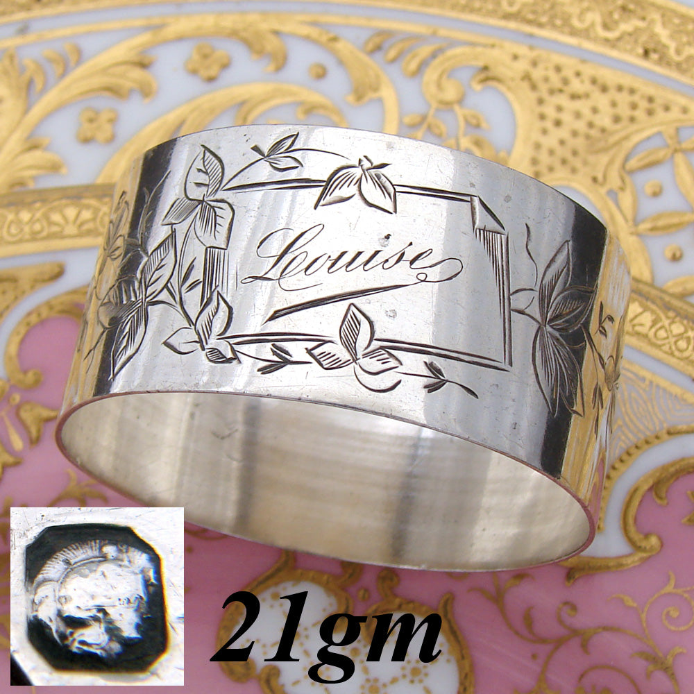 Antique French Sterling Silver 2" Napkin Ring, Foliate with "Louise" Inscription