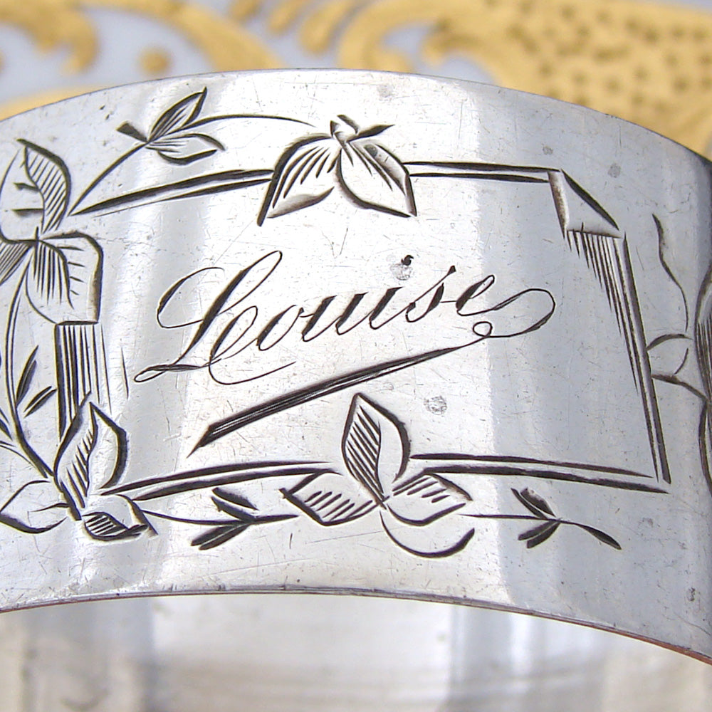 Antique French Sterling Silver 2" Napkin Ring, Foliate with "Louise" Inscription