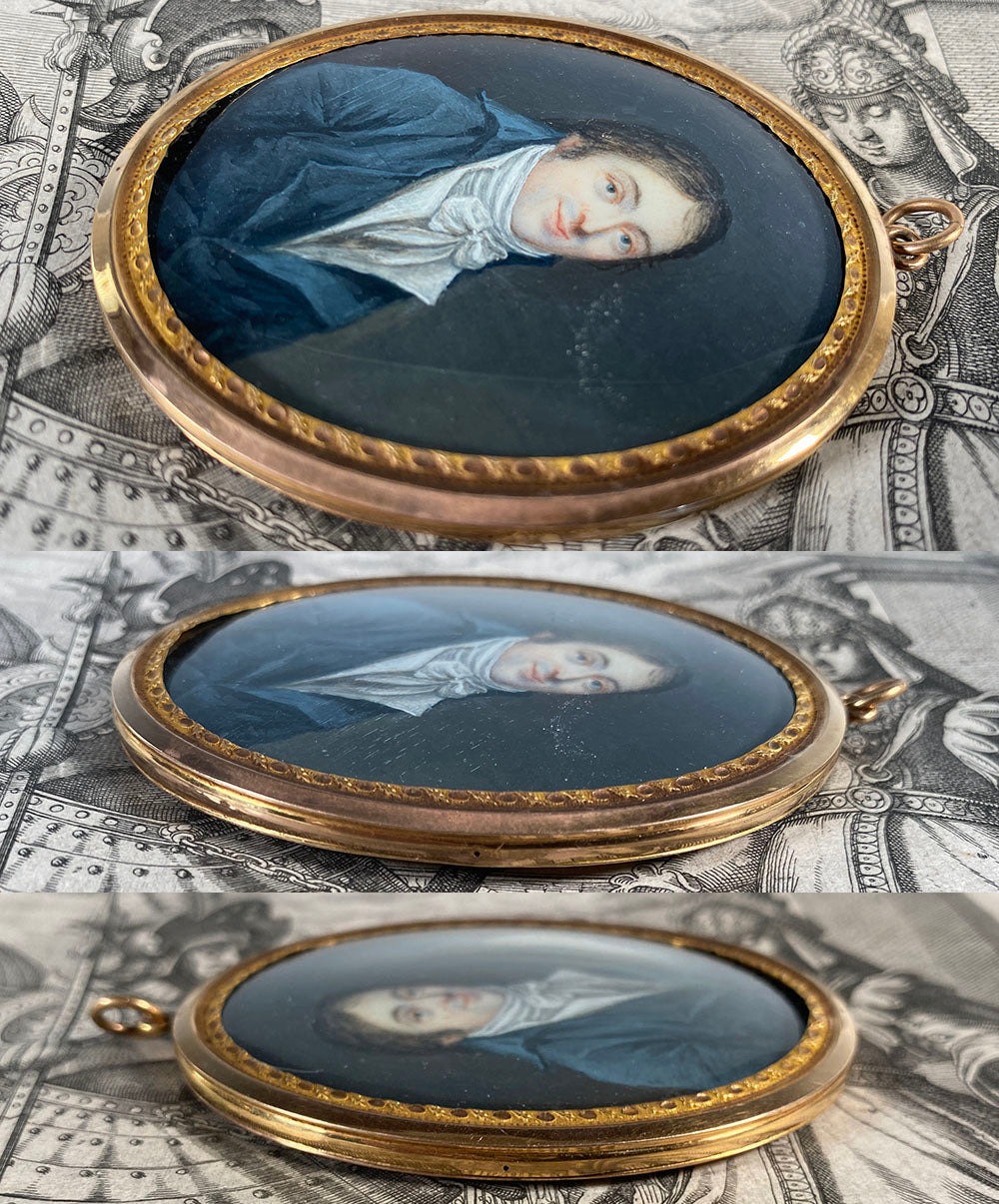 Antique 18th Century French Portrait Miniature 18k Locket Frame, Plaited Hair in Back c.1795