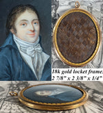 Antique 18th Century French Portrait Miniature 18k Locket Frame, Plaited Hair in Back c.1795