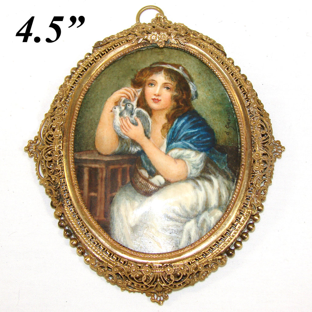 Antique French Miniature Painting, “Girl with Doves” after Orig. by Jean-Baptiste Greuze