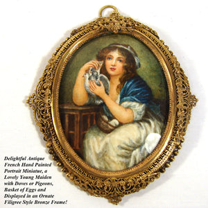 Antique French Miniature Painting, “Girl with Doves” after Orig. by Jean-Baptiste Greuze