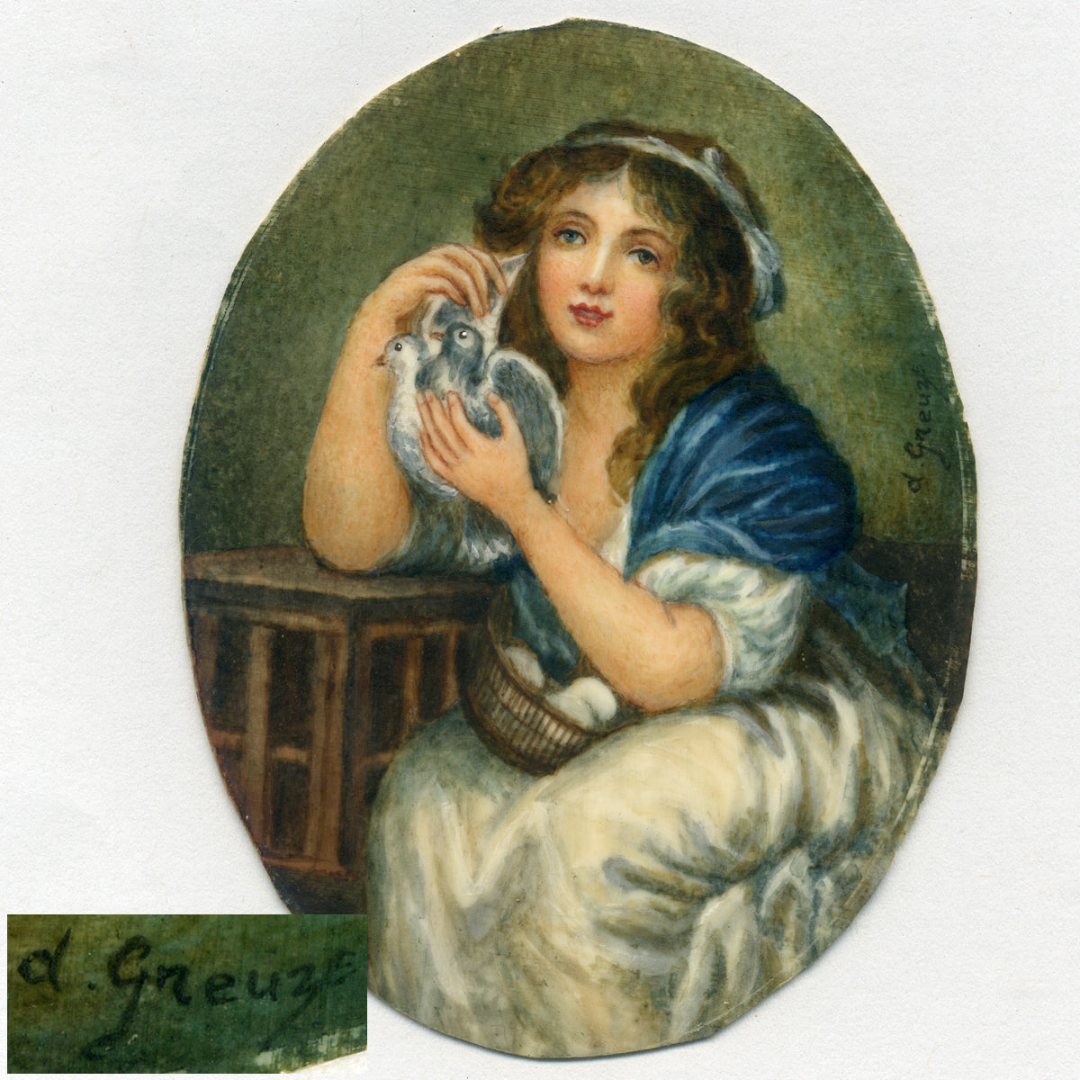Antique French Miniature Painting, “Girl with Doves” after Orig. by Jean-Baptiste Greuze