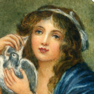 Antique French Miniature Painting, “Girl with Doves” after Orig. by Jean-Baptiste Greuze