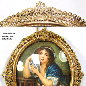 Antique French Miniature Painting, “Girl with Doves” after Orig. by Jean-Baptiste Greuze