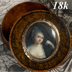 Superb Antique French 18th Century Portrait Miniature in 18k and Burl Snuff Box, Patch Box