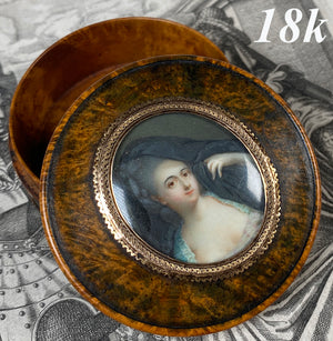 Superb Antique French 18th Century Portrait Miniature in 18k and Burl Snuff Box, Patch Box
