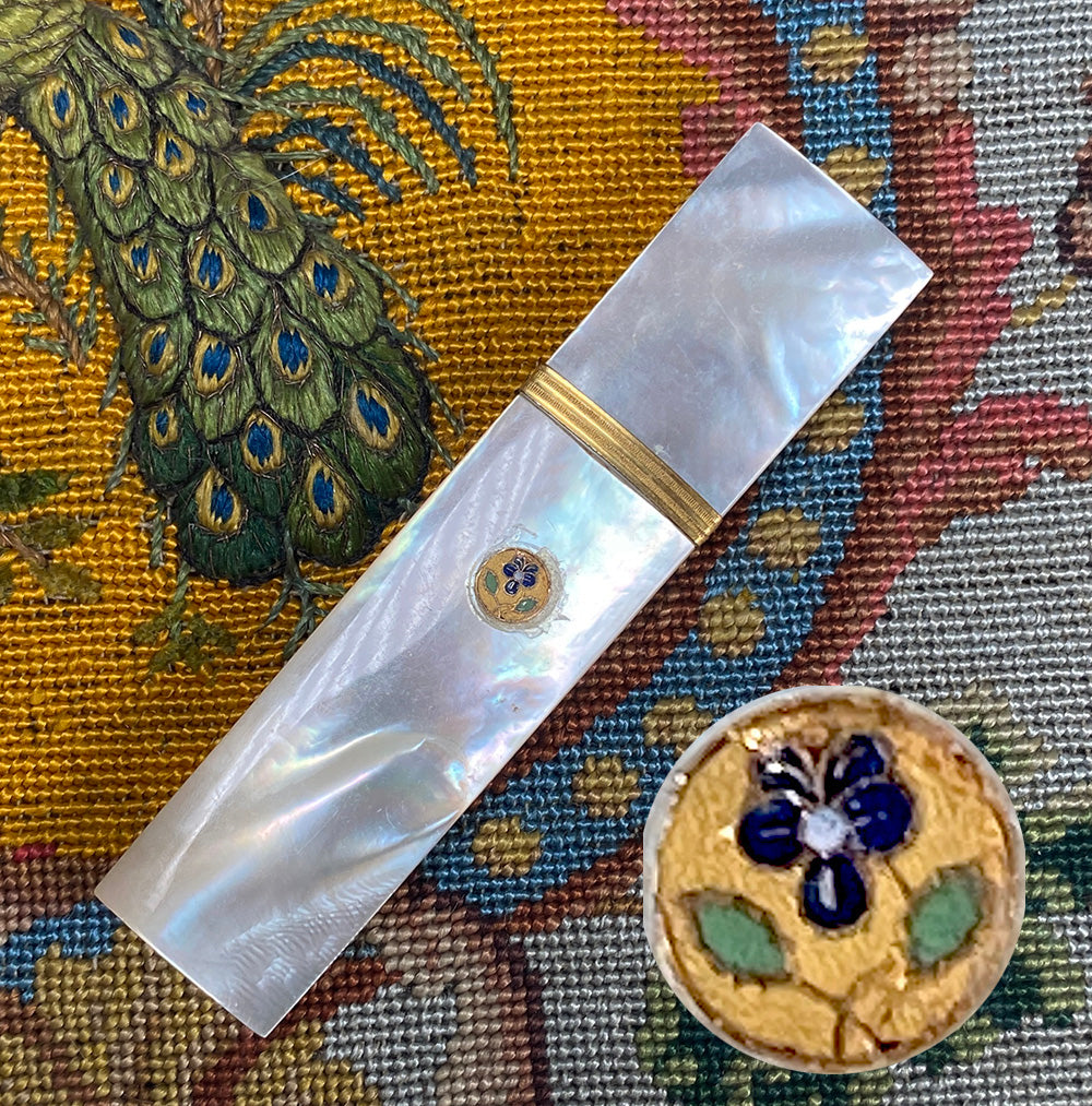 Antique c.1820 French Palais Royal Sewing Needle Case, Etui, 18k Gold Trim & Enamel  Flower, Mother of Pearl