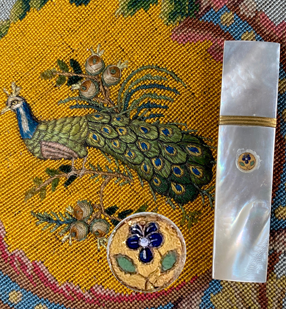 Antique c.1820 French Palais Royal Sewing Needle Case, Etui, 18k Gold Trim & Enamel  Flower, Mother of Pearl