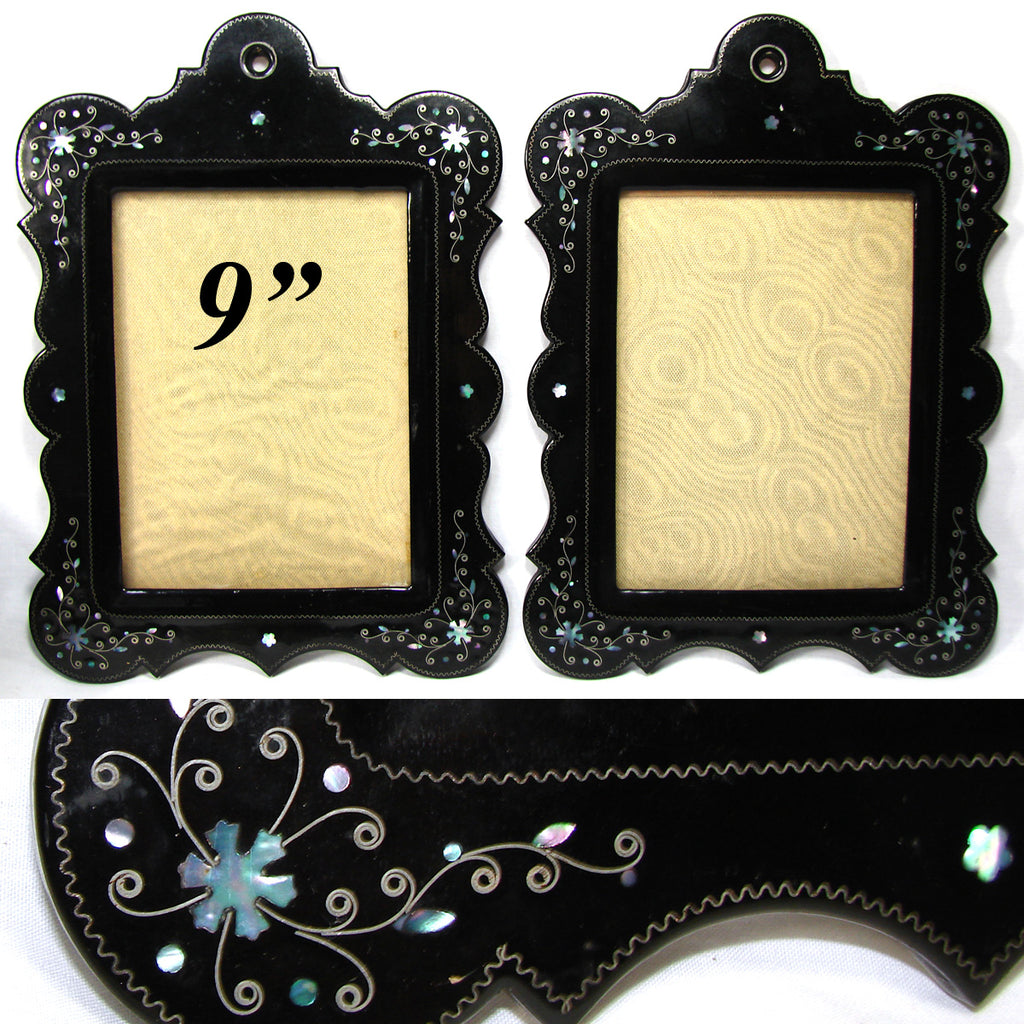 Antique Victorian Era French Papier Mache 9” Picture Frame PAIR, Metal Pique & Mother of Pearl Inlay