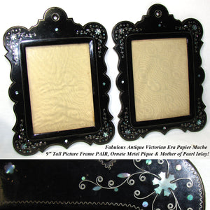 Antique Victorian Era French Papier Mache 9” Picture Frame PAIR, Metal Pique & Mother of Pearl Inlay