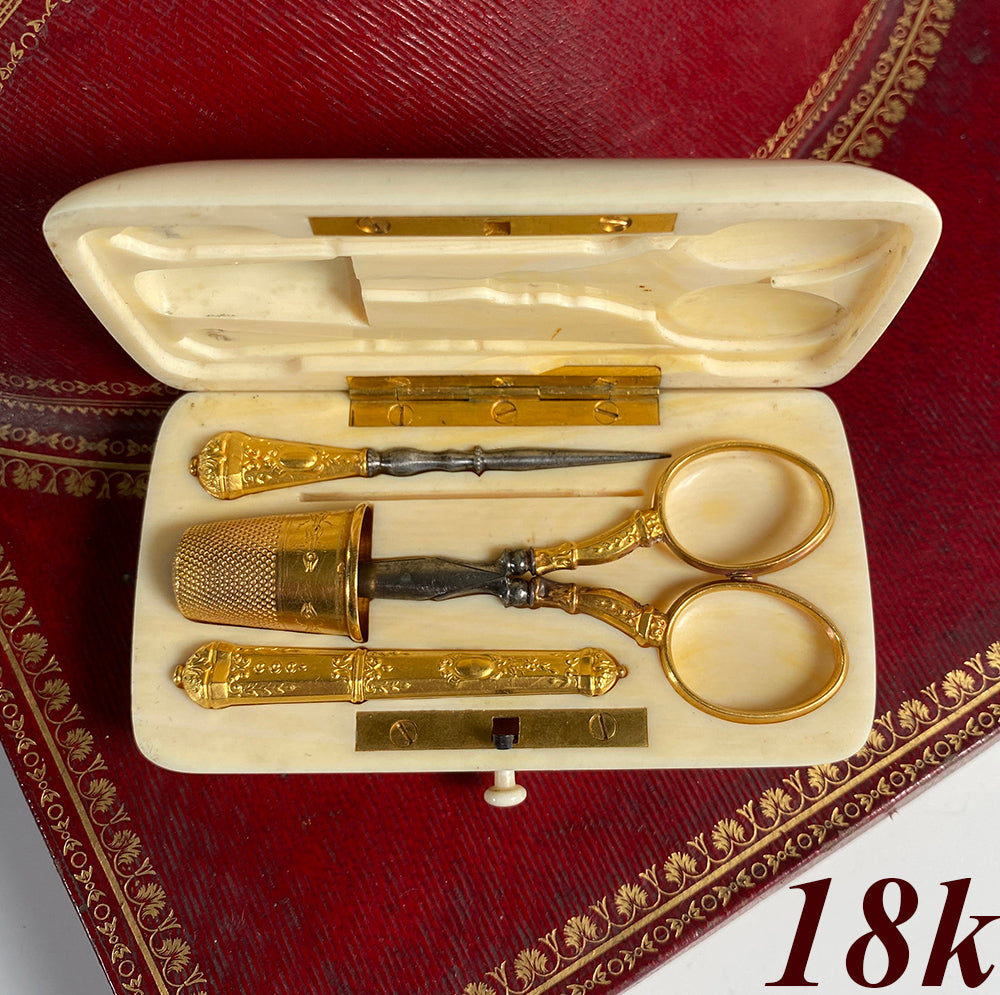 Spectacular Antique c.1850 18k Gold Sewing Tools Set in Original 170 yr Old Ivory Etui, Case