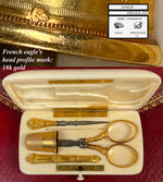 Spectacular Antique c.1850 18k Gold Sewing Tools Set in Original 170 yr Old Ivory Etui, Case