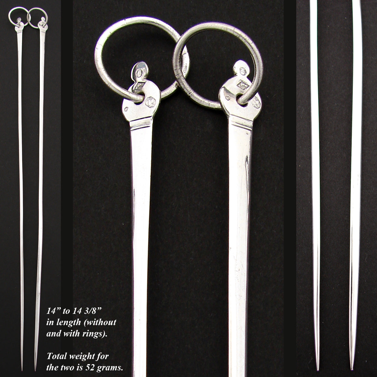 Rare Antique French 1798-1809 Hallmarked Sterling Silver 14” Skewer or “Hatelet” Pair
