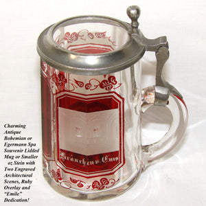 Antique Bohemian or Egermann Spa Souvenir Lidded Mug or Small Stein, Engraved Architectural Scenes, “Emile”