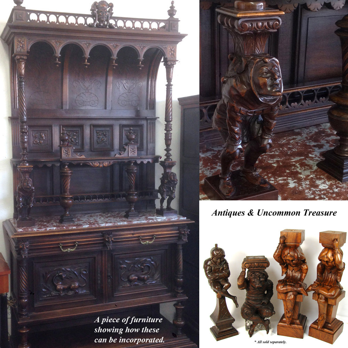 Antique French Carved 14” Furniture or Architectural Support, Pillar, Jester or Gnome Figure