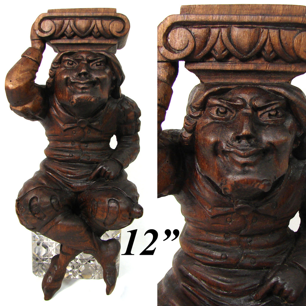 Antique French Carved 12.25” Furniture or Architectural Support, Pillar, Jester Type Figure