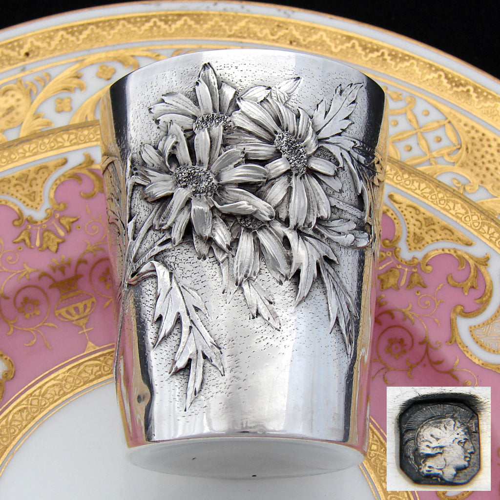 Antique French Sterling Silver Mint Julep, Wine Cup, Tumbler or Timbale, Deep Floral Bas Relief