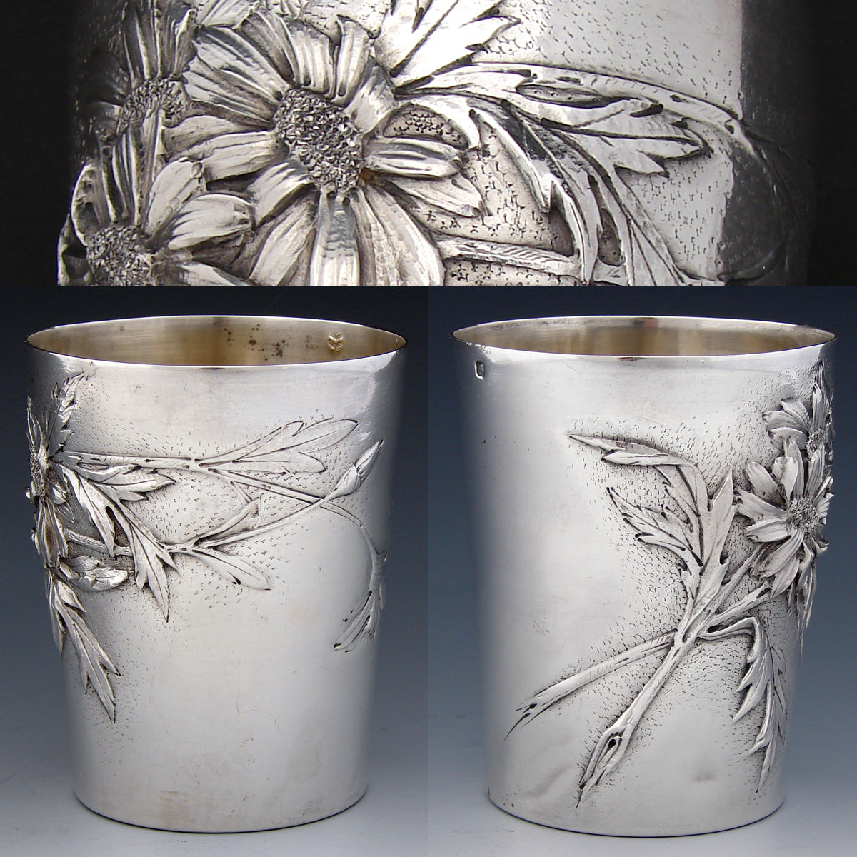 Antique French Sterling Silver Mint Julep, Wine Cup, Tumbler or Timbale, Deep Floral Bas Relief