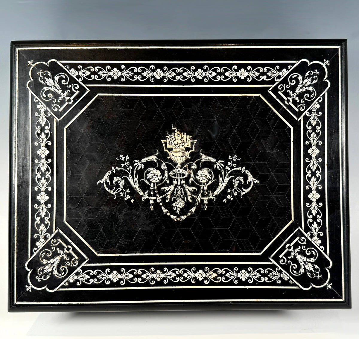 Rare Antique DEIHL, Paris, French Game Box or Chest, Parquet of Ebony w Marquetry in Ivory, c.1840
