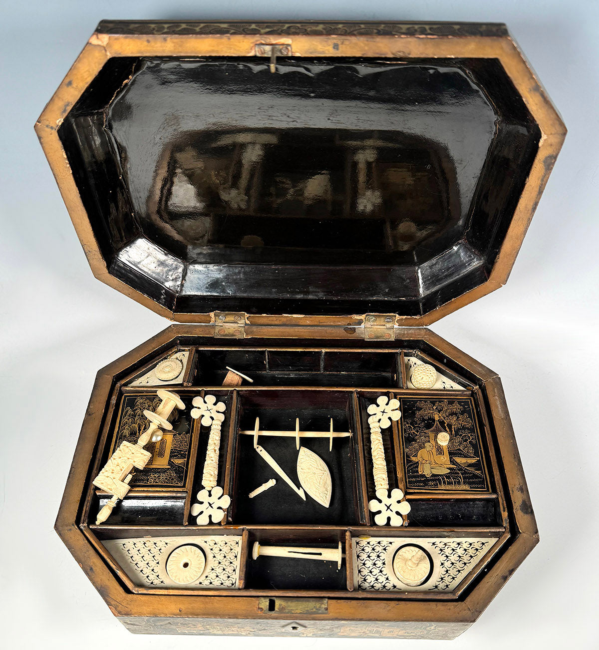 Antique Victorian Era Oriental Lacquer & Hand Painted Sewing Box, Ivory Sewing Tools include Silk Winders, Clamp, Spools, Tatting Shuttle