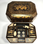Antique Victorian Era Oriental Lacquer & Hand Painted Sewing Box, Ivory Sewing Tools include Silk Winders, Clamp, Spools, Tatting Shuttle