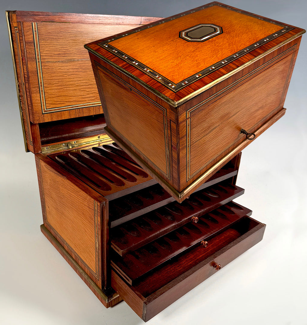 Great Antique French Napoleon III Era Cigar Presenter Tantalus, Marquetry Inlaid Box, Chest
