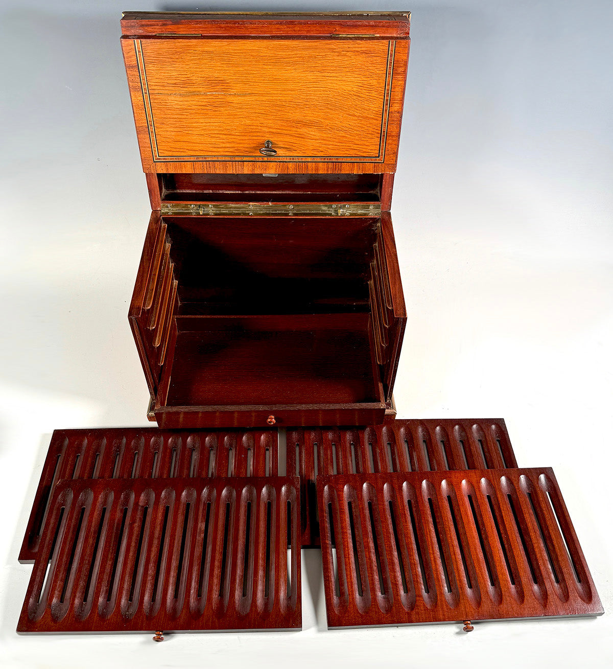 Great Antique French Napoleon III Era Cigar Presenter Tantalus, Marquetry Inlaid Box, Chest