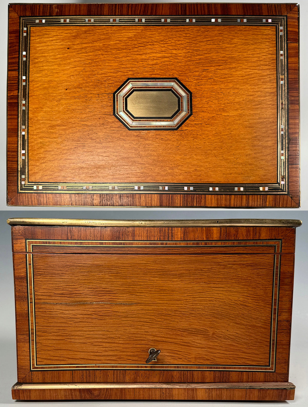 Great Antique French Napoleon III Era Cigar Presenter Tantalus, Marquetry Inlaid Box, Chest