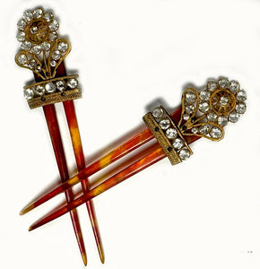 Pair Antique 18th Century French Peigne, Paste Gem Hair Ornaments, Ormolu and Tortoise Shell Combs