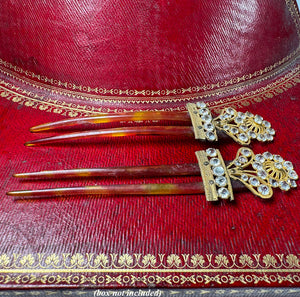 Pair Antique 18th Century French Peigne, Paste Gem Hair Ornaments, Ormolu and Tortoise Shell Combs