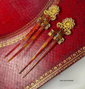 Pair Antique 18th Century French Peigne, Paste Gem Hair Ornaments, Ormolu and Tortoise Shell Combs