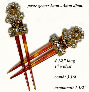 Pair Antique 18th Century French Peigne, Paste Gem Hair Ornaments, Ormolu and Tortoise Shell Combs