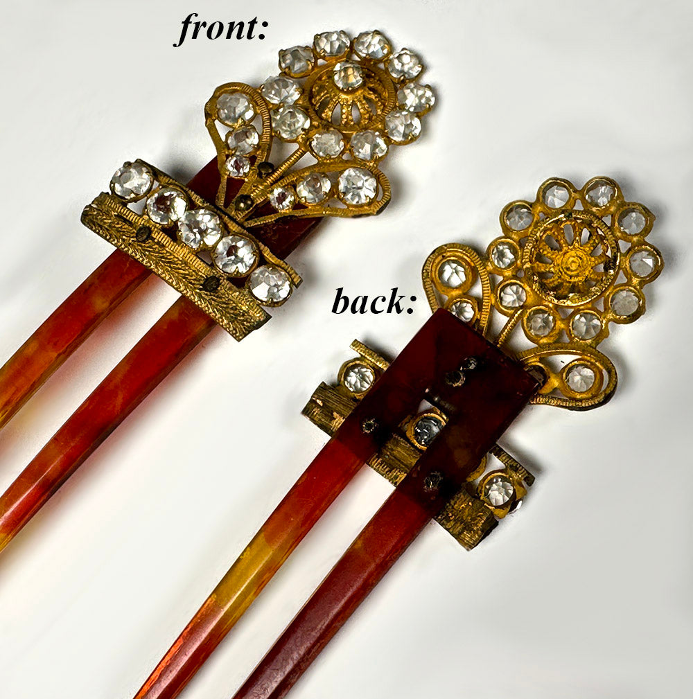 Pair Antique 18th Century French Peigne, Paste Gem Hair Ornaments, Ormolu and Tortoise Shell Combs