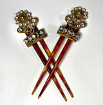 Pair Antique 18th Century French Peigne, Paste Gem Hair Ornaments, Ormolu and Tortoise Shell Combs