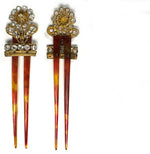 Pair Antique 18th Century French Peigne, Paste Gem Hair Ornaments, Ormolu and Tortoise Shell Combs