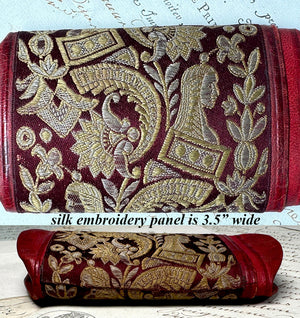 Antique French Silk Embroidery and Cordovan Leather Cigar or Spectacles Case, Etui, Napoléon III Era