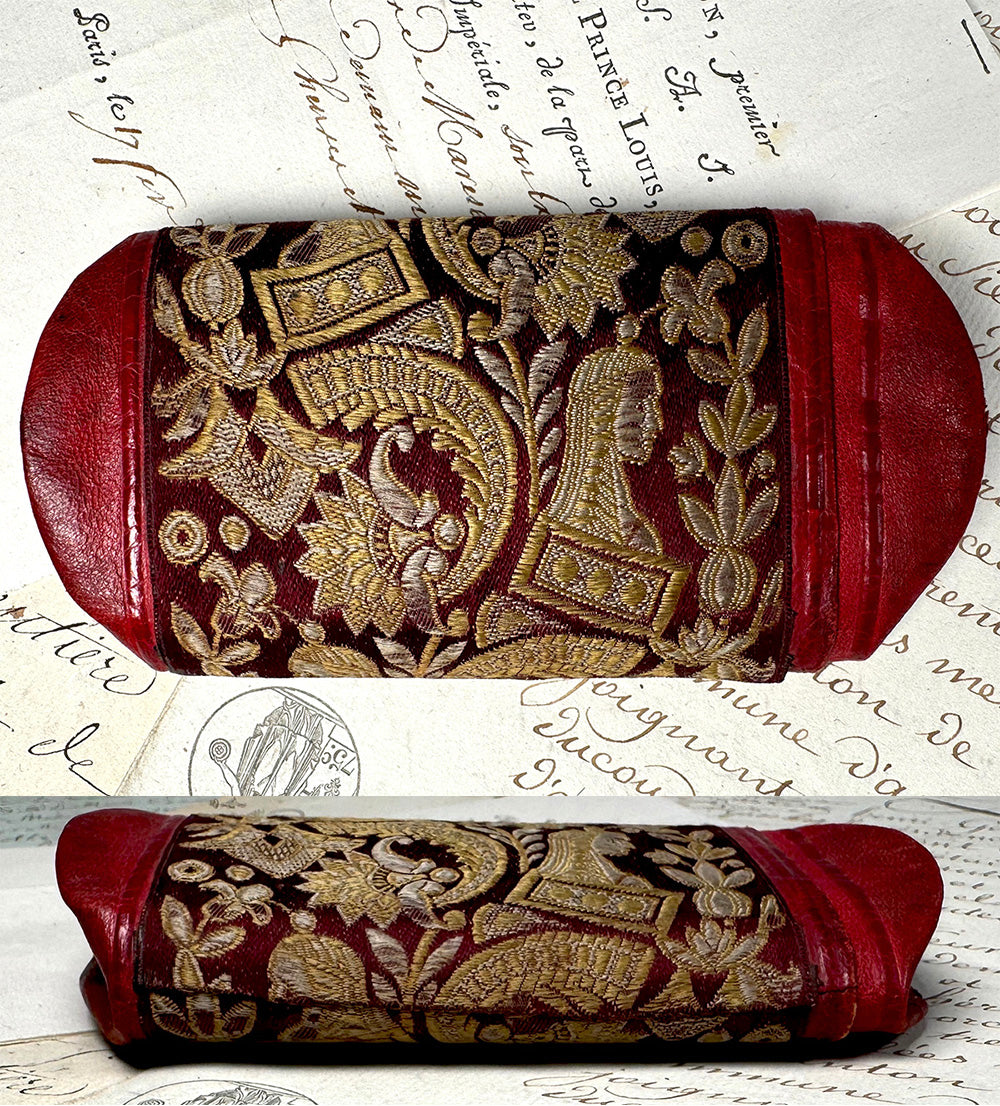 Antique French Silk Embroidery and Cordovan Leather Cigar or Spectacles Case, Etui, Napoléon III Era