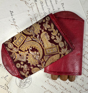 Antique French Silk Embroidery and Cordovan Leather Cigar or Spectacles Case, Etui, Napoléon III Era