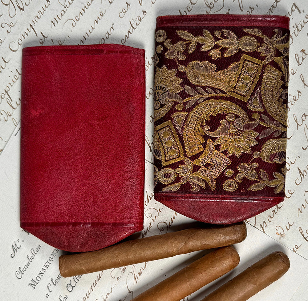 Antique French Silk Embroidery and Cordovan Leather Cigar or Spectacles Case, Etui, Napoléon III Era