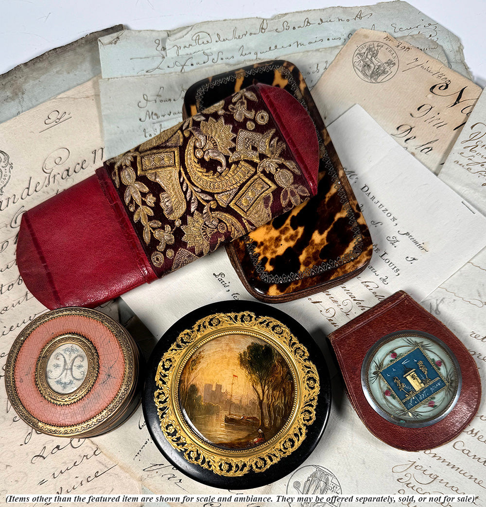 Antique French Silk Embroidery and Cordovan Leather Cigar or Spectacles Case, Etui, Napoléon III Era