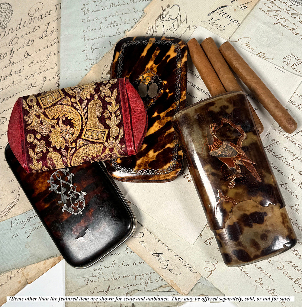 Antique French Silk Embroidery and Cordovan Leather Cigar or Spectacles Case, Etui, Napoléon III Era