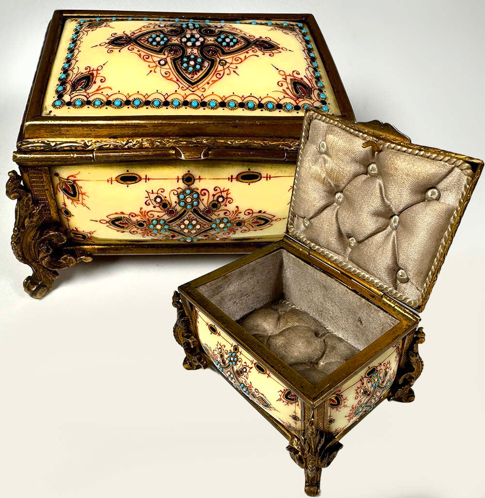 Antique French Kiln-fired Enamel Jewelry Box, Casket in Sevres or Bresse Enamel, RARE Yellow