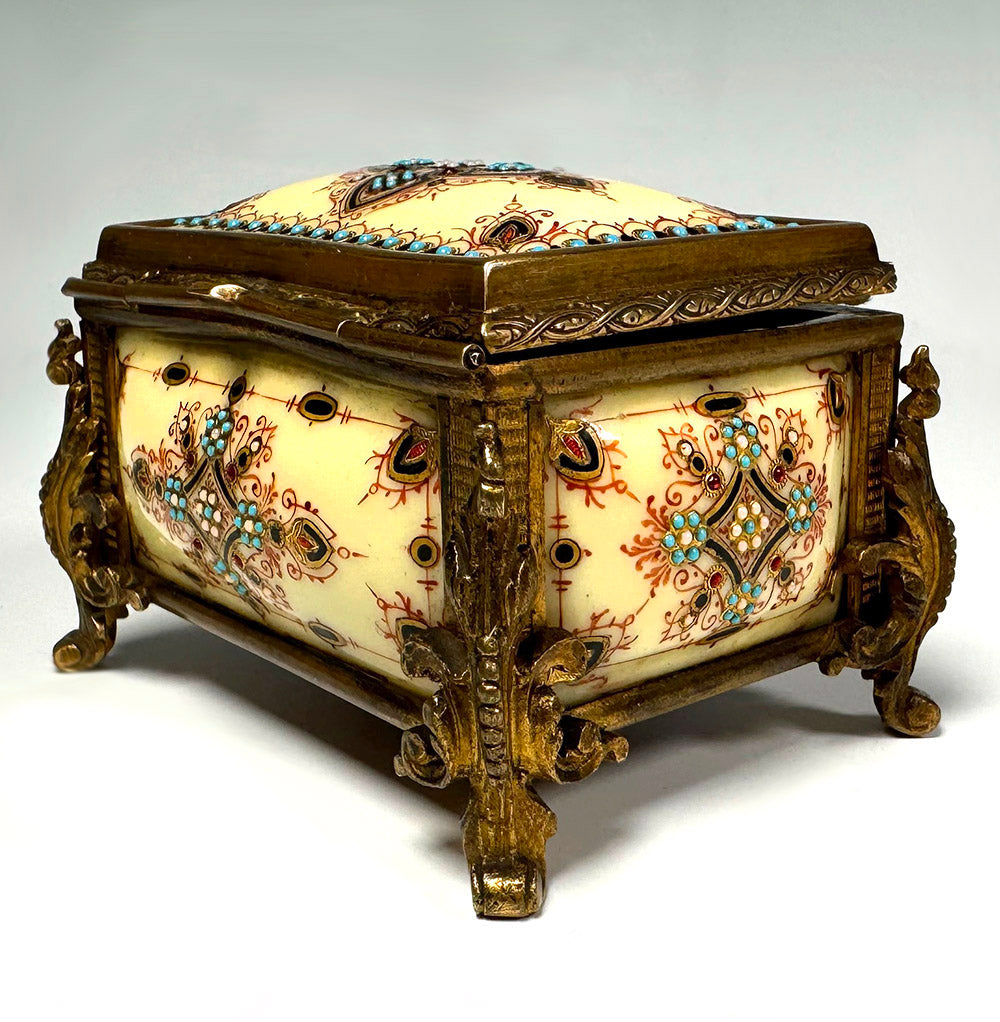 Antique French Kiln-fired Enamel Jewelry Box, Casket in Sevres or Bresse Enamel, RARE Yellow