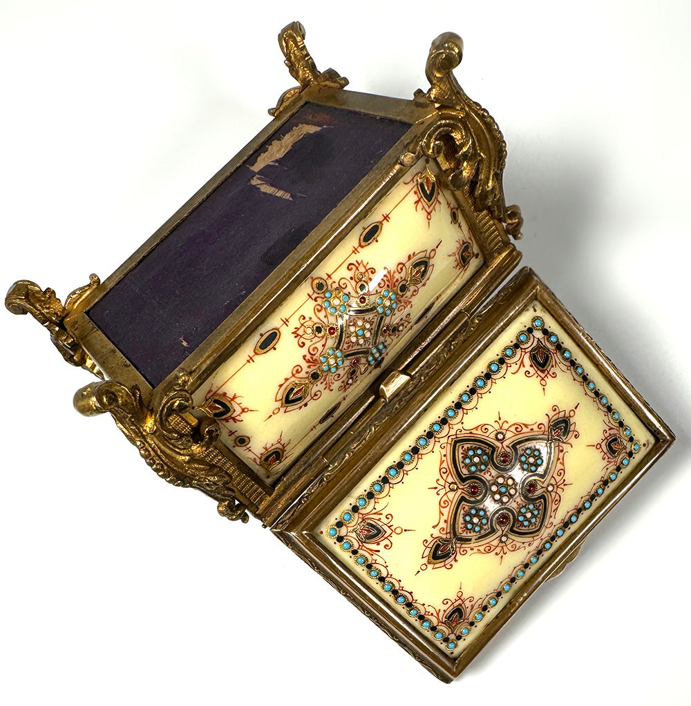 Antique French Kiln-fired Enamel Jewelry Box, Casket in Sevres or Bresse Enamel, RARE Yellow