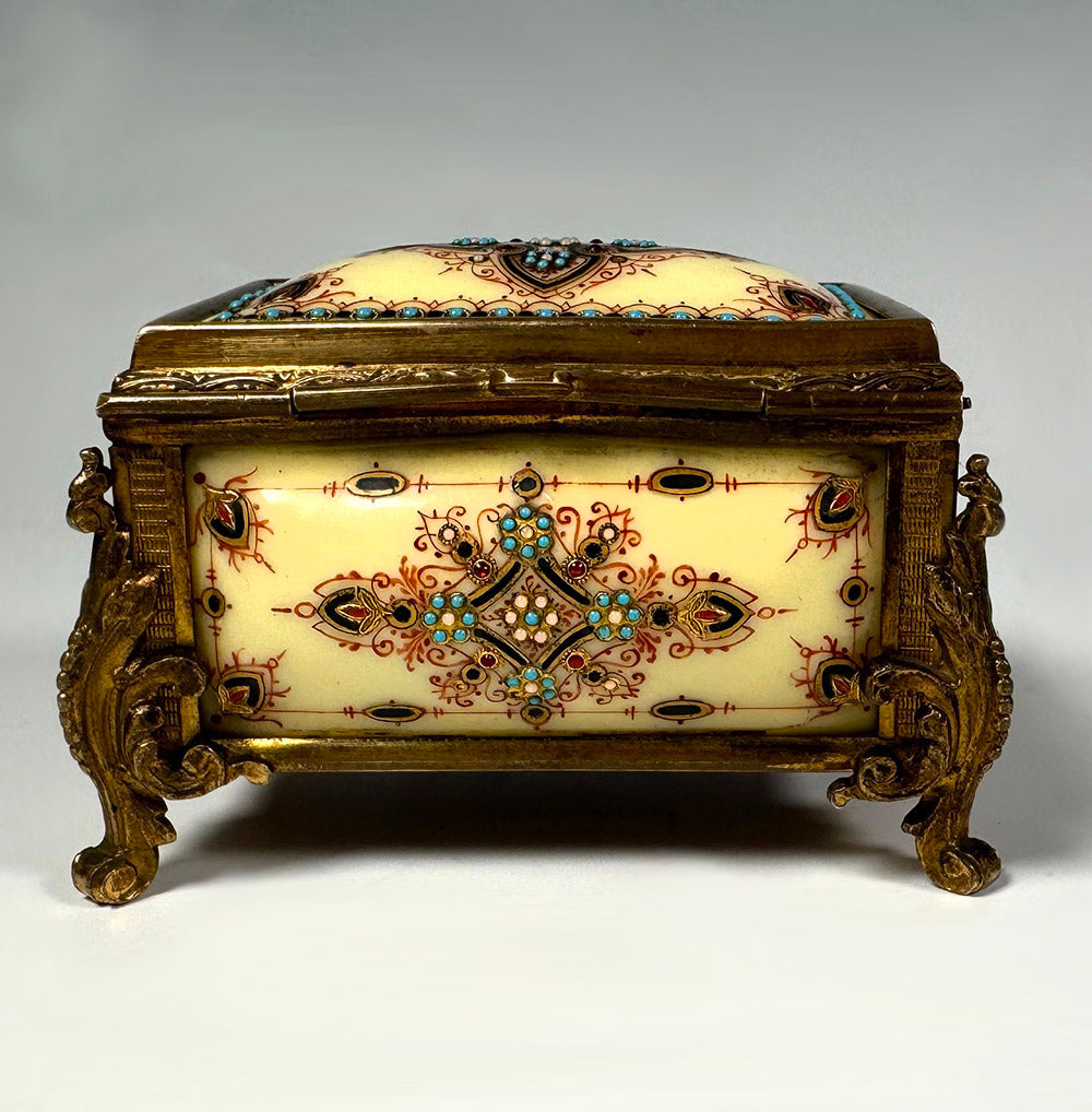 Antique French Kiln-fired Enamel Jewelry Box, Casket in Sevres or Bresse Enamel, RARE Yellow