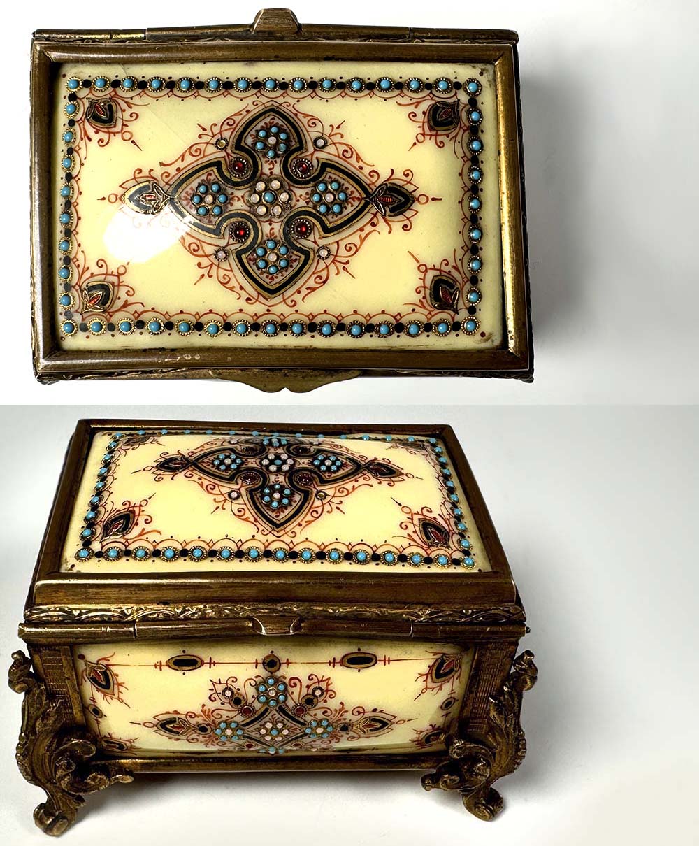 Antique French Kiln-fired Enamel Jewelry Box, Casket in Sevres or Bresse Enamel, RARE Yellow