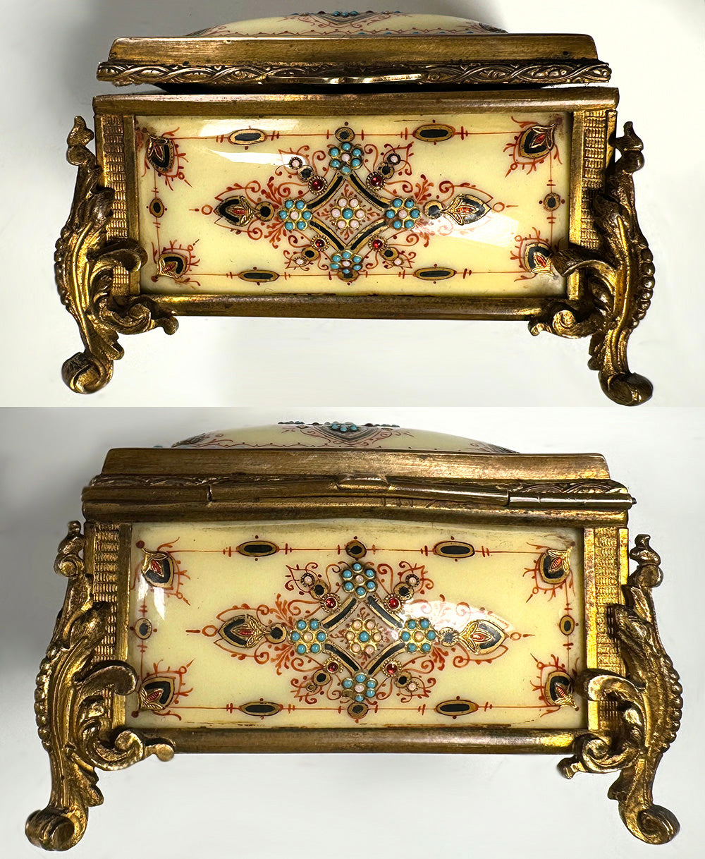 Antique French Kiln-fired Enamel Jewelry Box, Casket in Sevres or Bresse Enamel, RARE Yellow