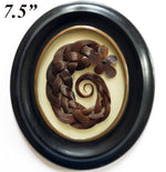 Antique French Hair Art Memento, Mourning Icon, in 7.5" x 6.5" Oval Wood Frame, Bombe Glass